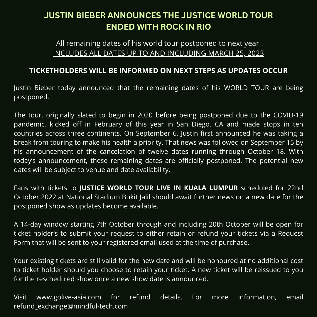 主办单位宣布小贾斯汀的演唱会延期。