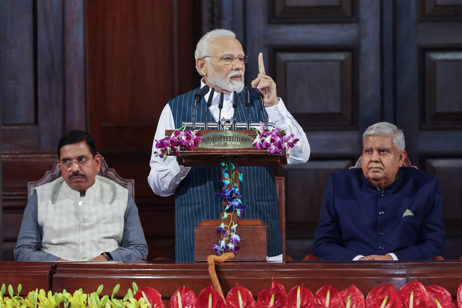 印度总理莫迪周二在印度议会，向国会议员发表讲话。（图取自印度通讯社PIB/法新社）